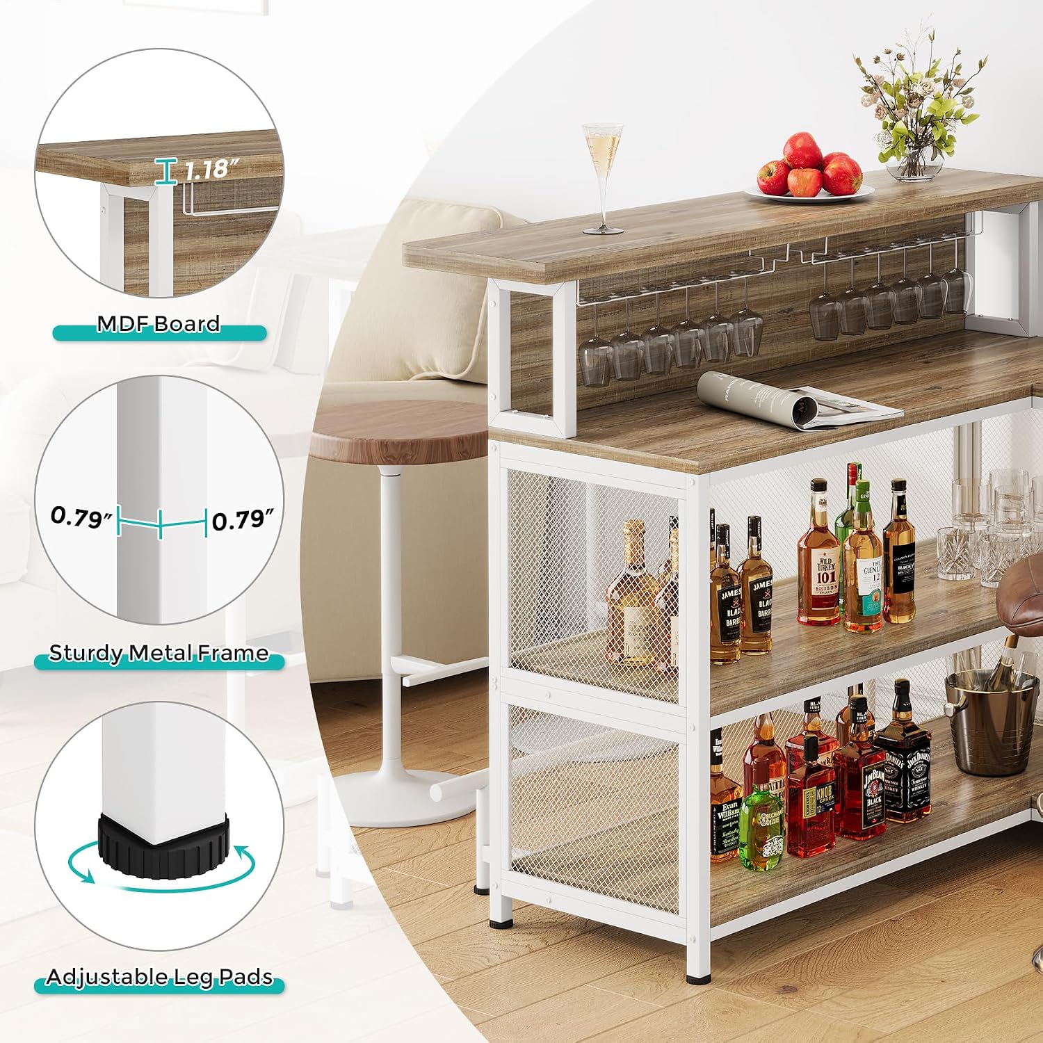 L-Shaped Home Bar Unit, Bar Table with Storage, Brown & White | Wine Glasses Holder and LED Light, Kitchen & Dining Counter Tables for Home, Pub