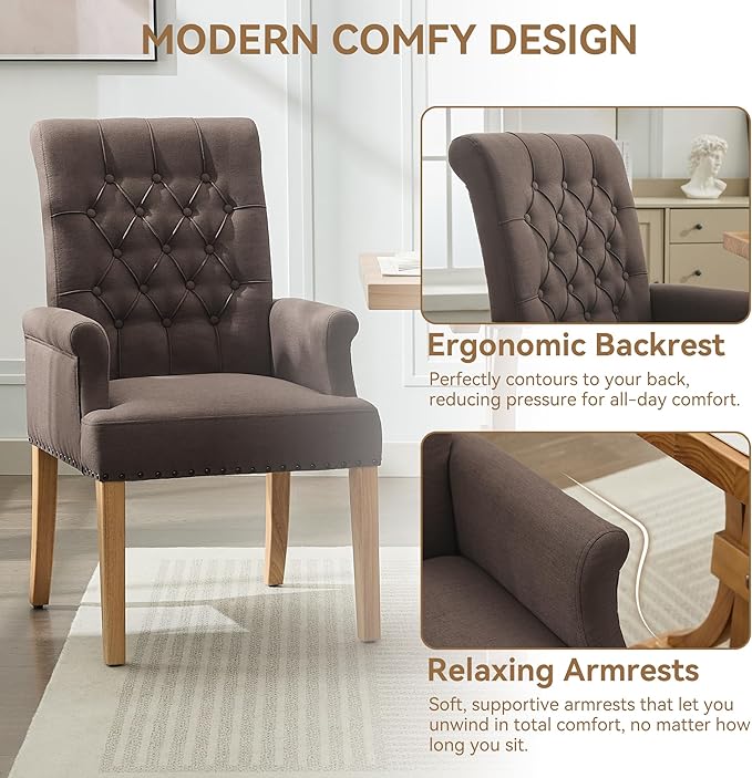 Fabric Dining Chair with Arms, Upholstered Tufted High Back Dining Room Chairs, Accent Armchair with Solid Wood Leg and Nailhead Trim, Kitchen Dining Living Room, Brown