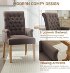 Fabric Dining Chair with Arms, Upholstered Tufted High Back Dining Room Chairs, Accent Armchair with Solid Wood Leg and Nailhead Trim, Kitchen Dining Living Room, Brown