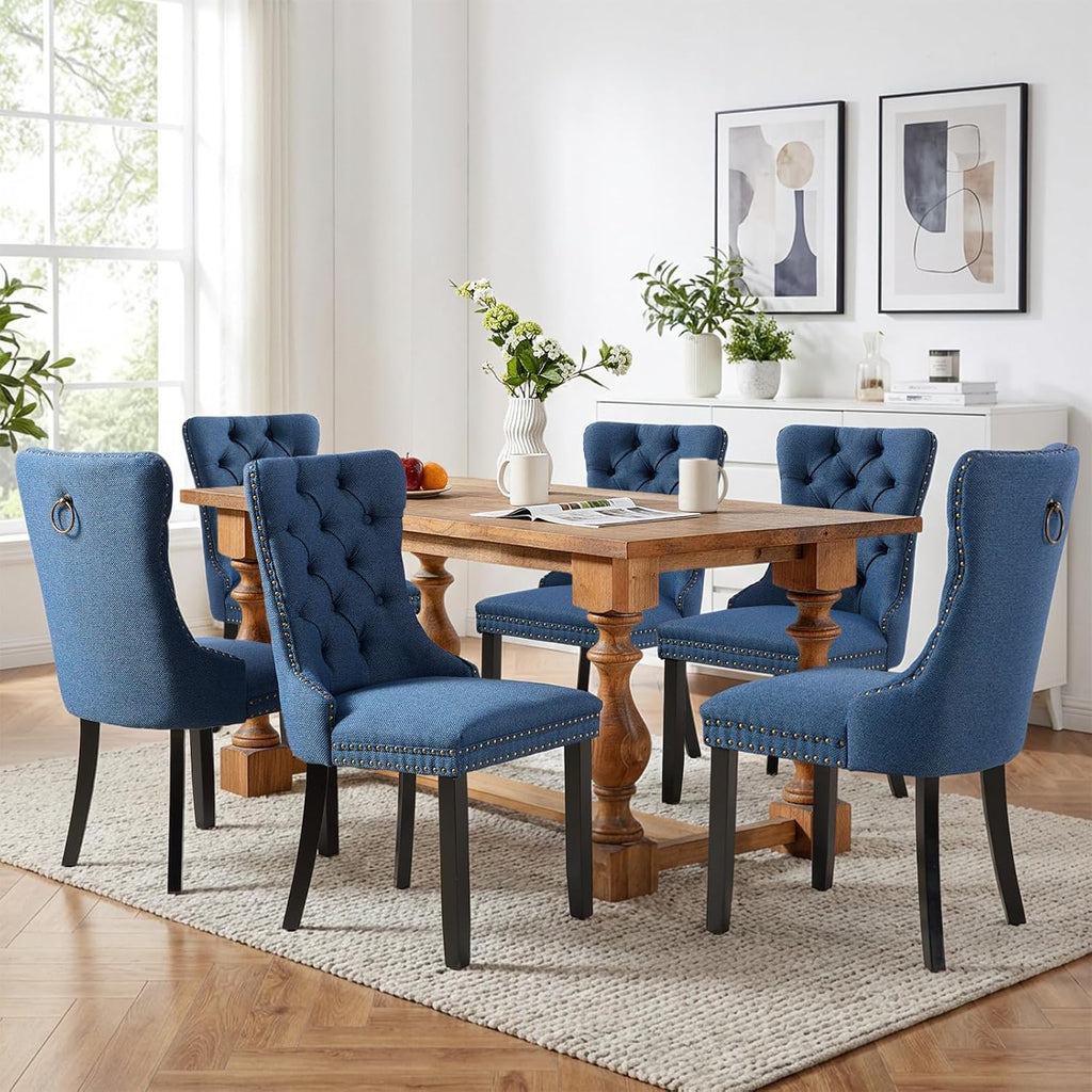 SoarFlash Linen Fabric Dining Chair Set of 2, Upholstered Tufted Dining Room Chair with Nailhead Trim and Solid Light Color Wood Leg for Kitchen (Blue)