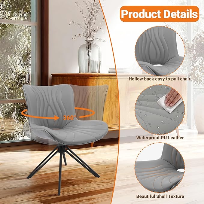 Dining Chairs Set of 6, 360° Swivel Upholstered Mid-Century Modern Kitchen Dining Room Chairs, Armless Faux Leather Accent Side Chair with Padded Back, Metal Legs for Living Room Bedrooms,Grey