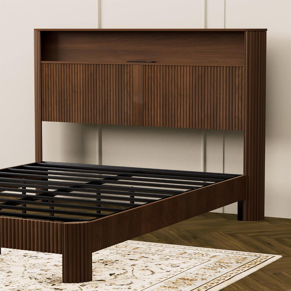 Peanu Queen Bed Frame, Wave Headboard, Charging Station Walnut