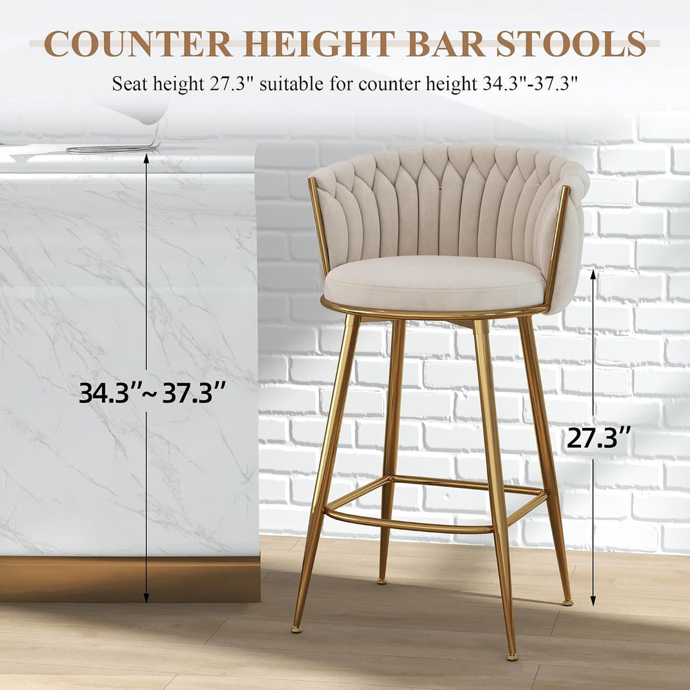 Beige Velvet Bar Stool Set of 2, 27" Counter Height with Woven Backrest