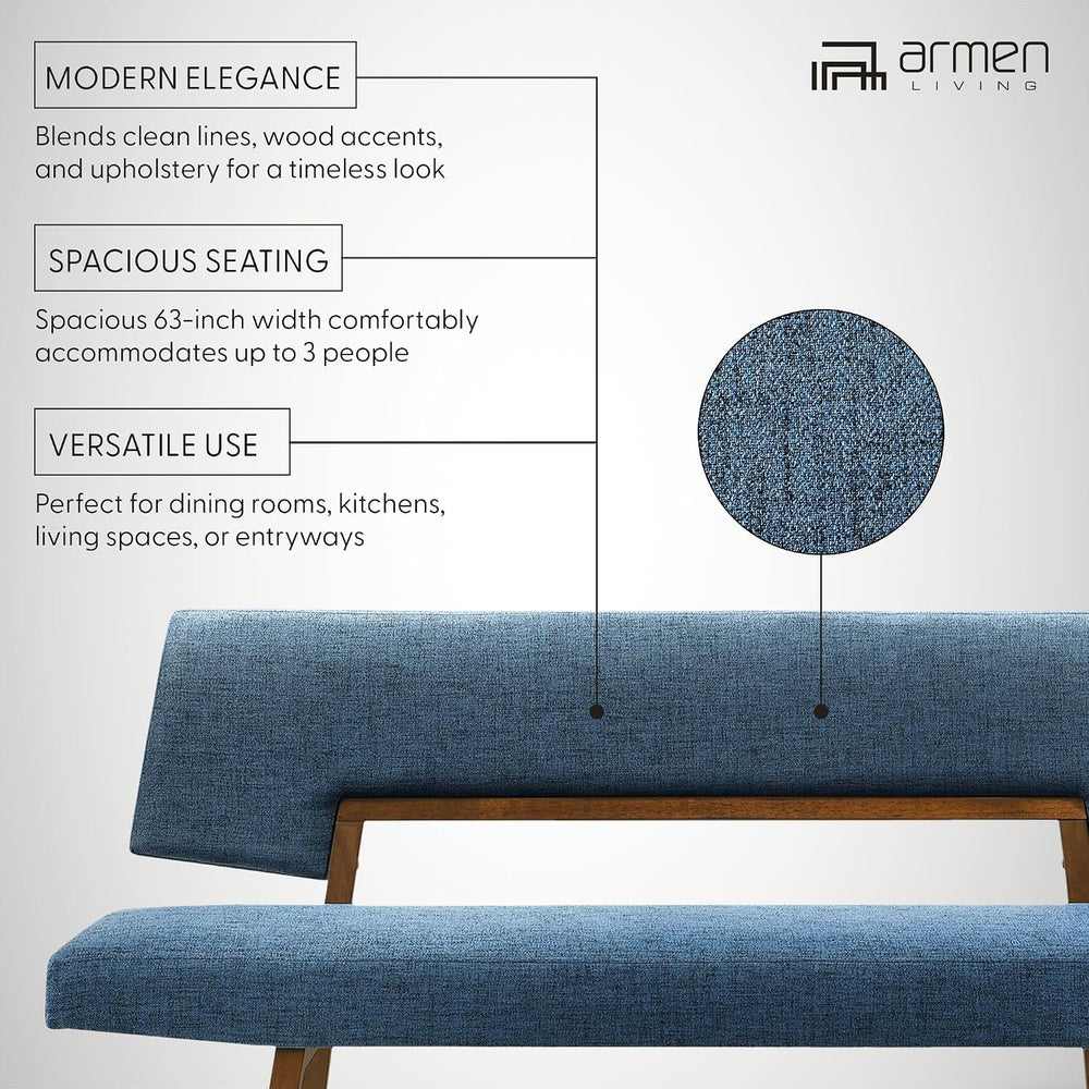 Channell Wood Dining Bench in Walnut Finish with Blue Fabric