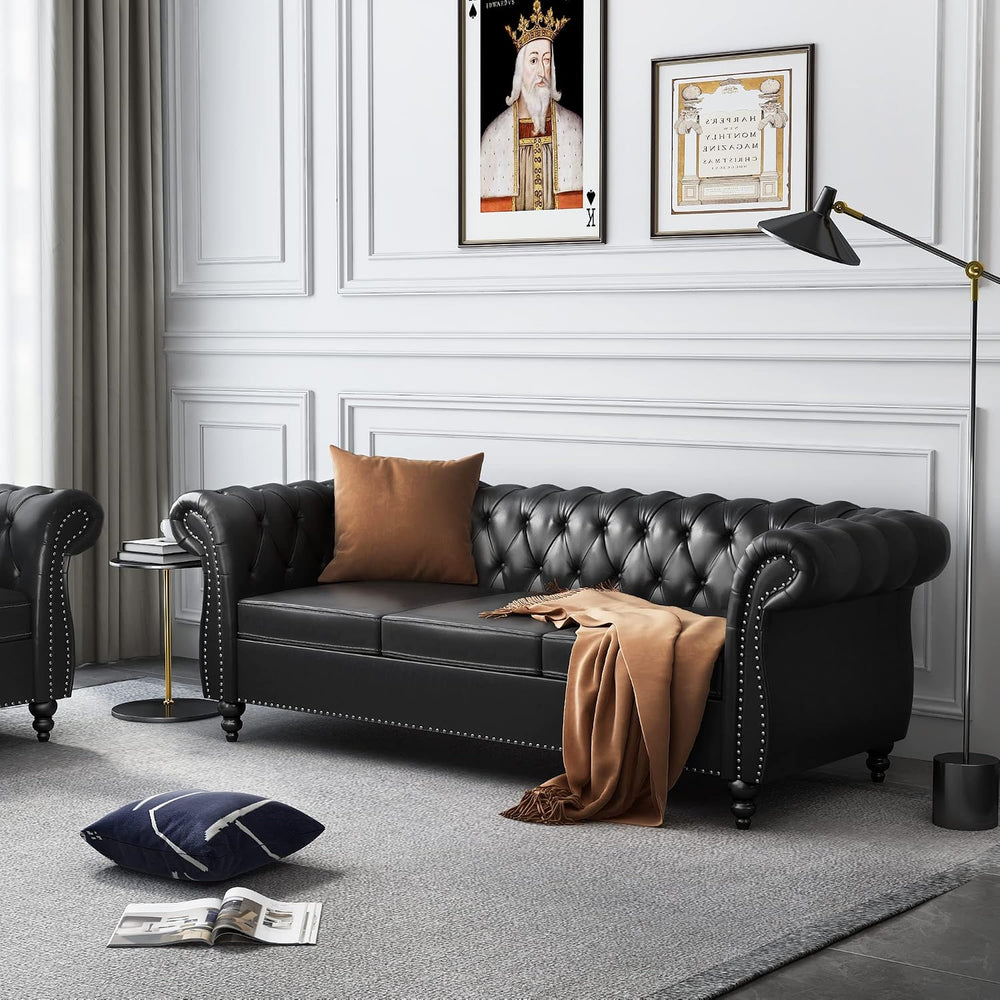 AVZEAR 84" Chesterfield Sofa 3-Seater, Classic Roll Arm PU Leather Couch...
