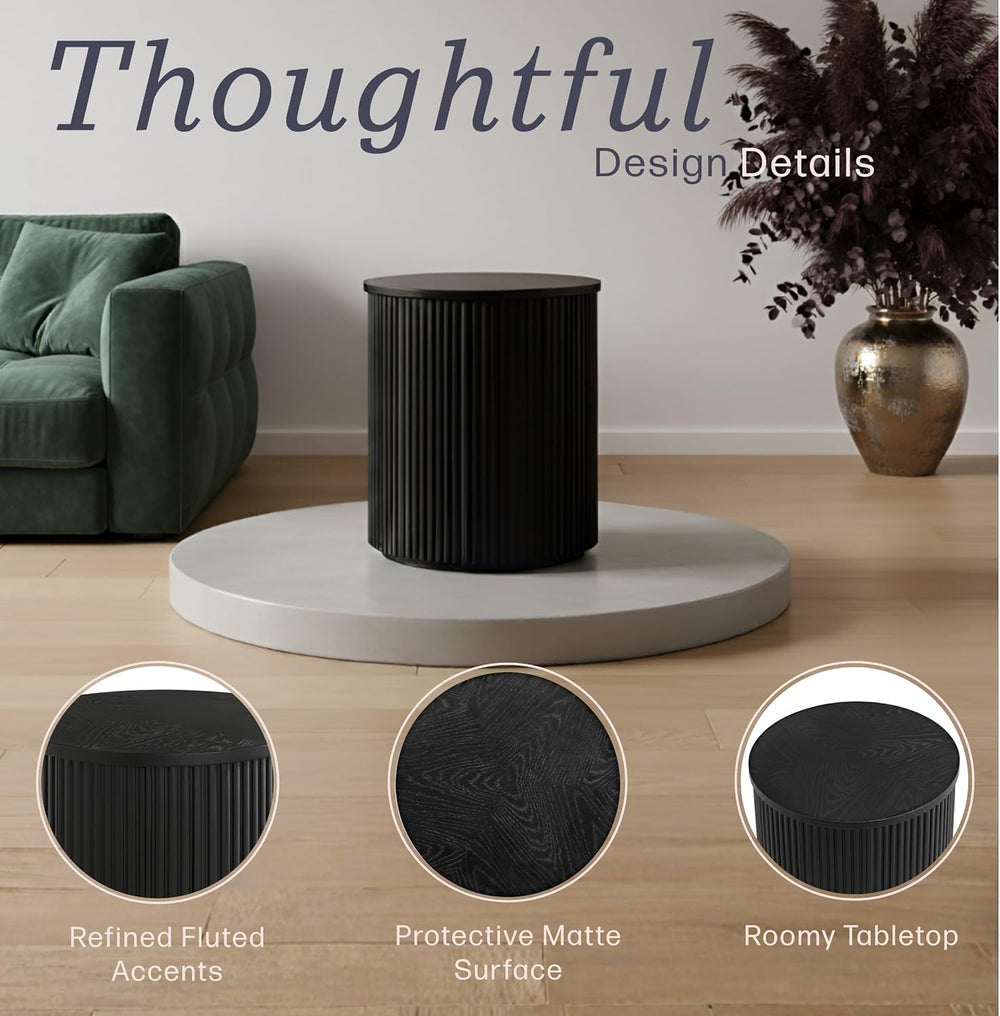 Alaterre Furniture Amos Round End Table - 20 Inch Solid Wood Fluted Nightstan...