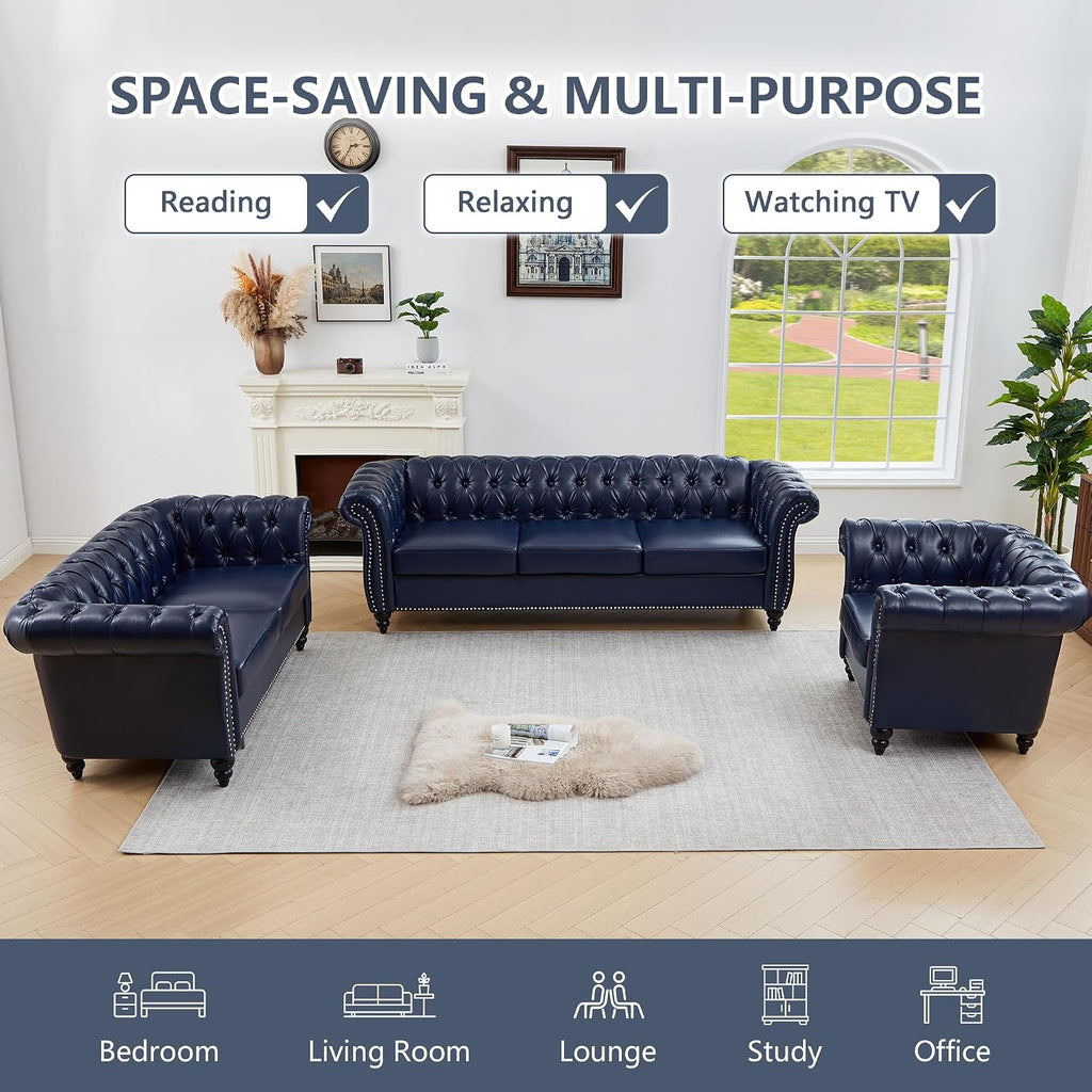 QHITTY 2 Piece Living Room Set, Chesterfield Sectional Sofa Chair Contemporary Upholstered Leather Loveseat Couch Sets for Living Room, Bedroom, Office (Blue)