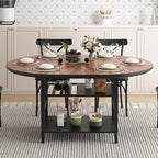 VFK 47.2"-63" Extendable Round Dining Table Set for 4–6, Solid Wood & Metal Table with Wine Rack Storage Shelf, Walnut Kitchen Furniture with 4 Upholstered Chairs (Storage Table and 4 Black Chairs)