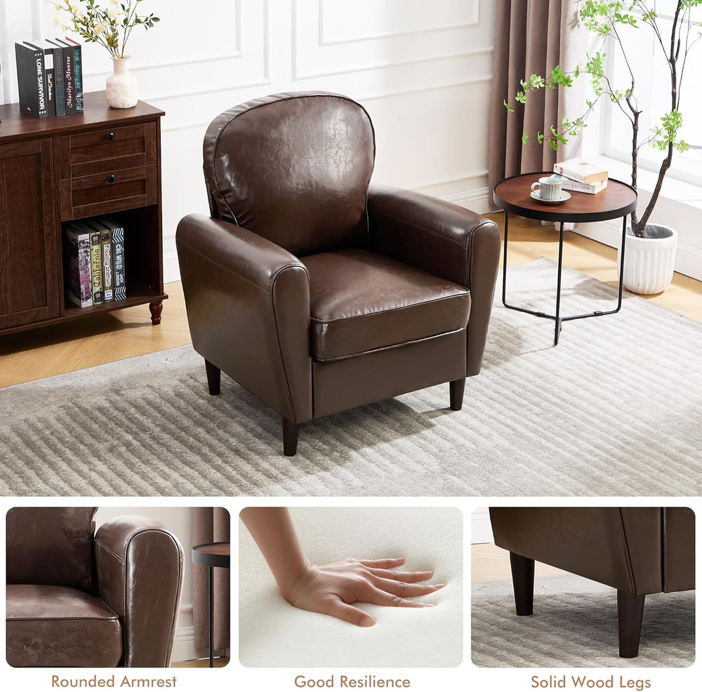 Mid Century Accent Chair, Modern Faux Leather Arm Chair, Comfy Upholstered Re...