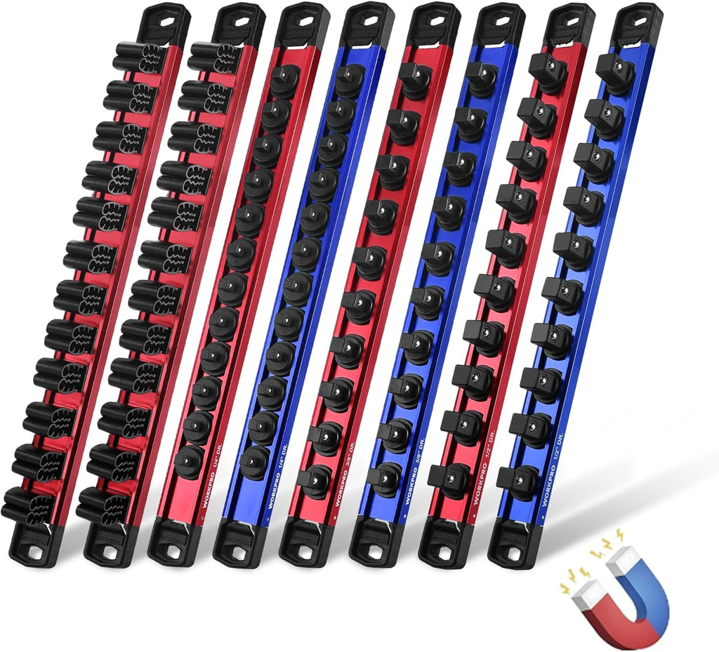 WORKPRO 8-Piece Magnetic Socket Organizer and Magnetic Screwdriver Organizer Set, 6-Piece 1/4", 3/8" & 1/2" Drive Metric & SAE Socket Rail, 2-Piece Screwdriver and Wrench Holder(Sockets not Included)
