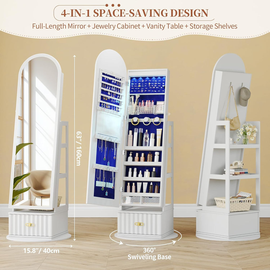 63" Full Length Mirror Jewelry Cabinet with Storage – Rotating, Lockable Jewelry Armoire with Velvet Lining, Standing Organizer for Women – Ideal Gift for Jewelry Storage & Display, White