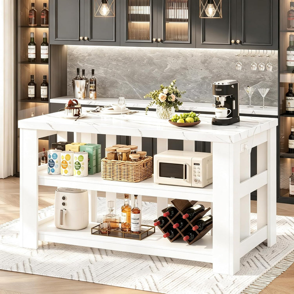 DynJest Kitchen Island with Storage, 55 Inch Large Faux Marble Prep Worktop |...