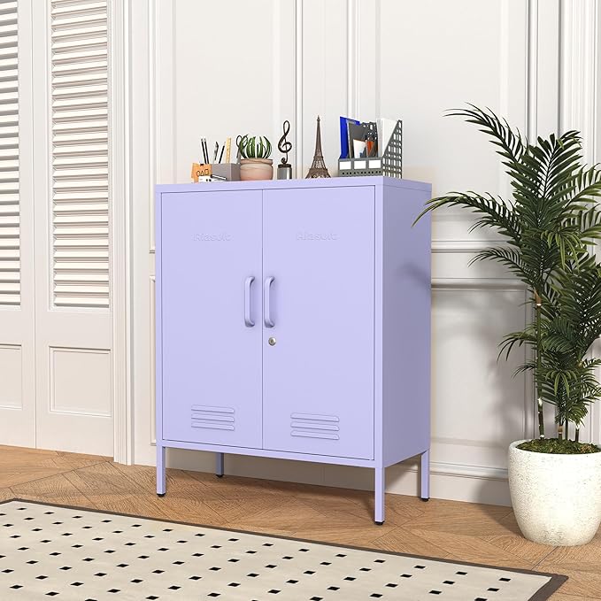 Wide Multipurpose Metal Storage Cabinet with Lockable Design & 2 Adjustable Partitions, Thickened Steel & Sturdy Construction for Home, Living Room & Office Purple 33" H X 29.5" W X 13.8" D
