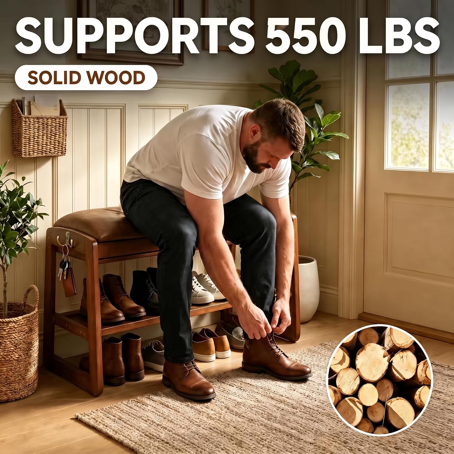 Shoe Storage Bench Shoe Rack Bench with Storage 2 Tier Wooden Shoe Rack | Solid wood shoe bench flip-top storage cushioned seat weight capacity of 550 lb side hooks walnut finish 39.4" W