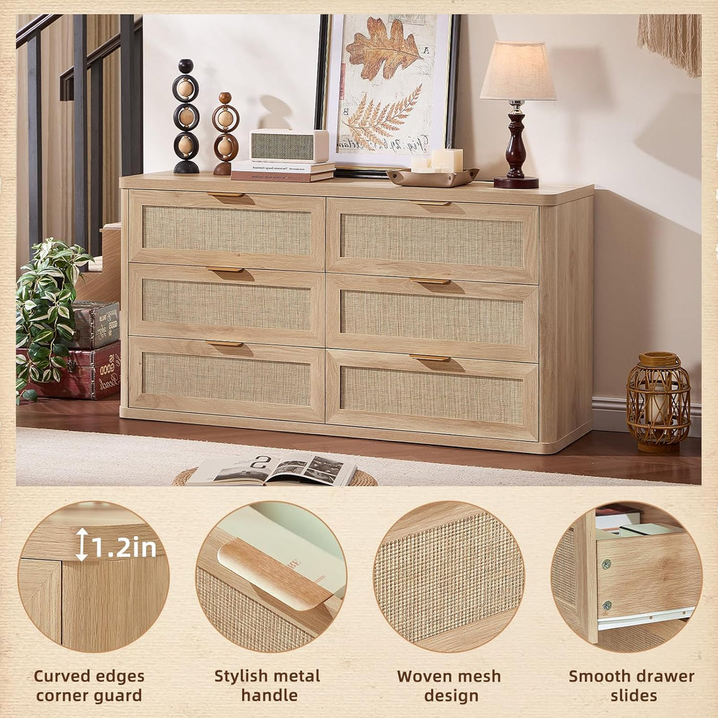 LEYAOYAO Rattan 6 Drawer Dresser for Bedroom Set of 2, Boho 54" Wide Natural Wood Dresser Chest of Drawers, Dressers TV Stand with Metal Handle, Storage Dressers Closet Organizer for Living Room