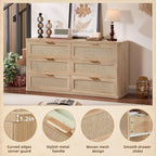 LEYAOYAO Rattan 6 Drawer Dresser for Bedroom Set of 2, Boho 54" Wide Natural Wood Dresser Chest of Drawers, Dressers TV Stand with Metal Handle, Storage Dressers Closet Organizer for Living Room