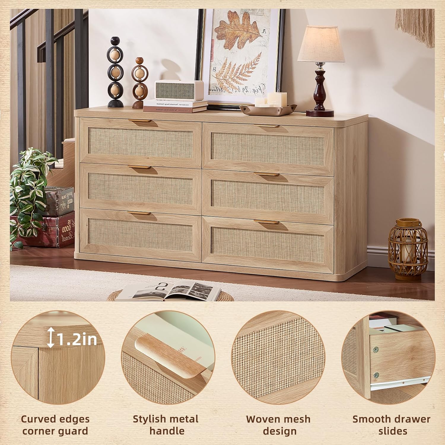 LEYAOYAO Rattan 6 Drawer Dresser for Bedroom Set of 2, Boho 54" Wide Natural Wood Dresser Chest of Drawers, Dressers TV Stand with Metal Handle, Storage Dressers Closet Organizer for Living Room