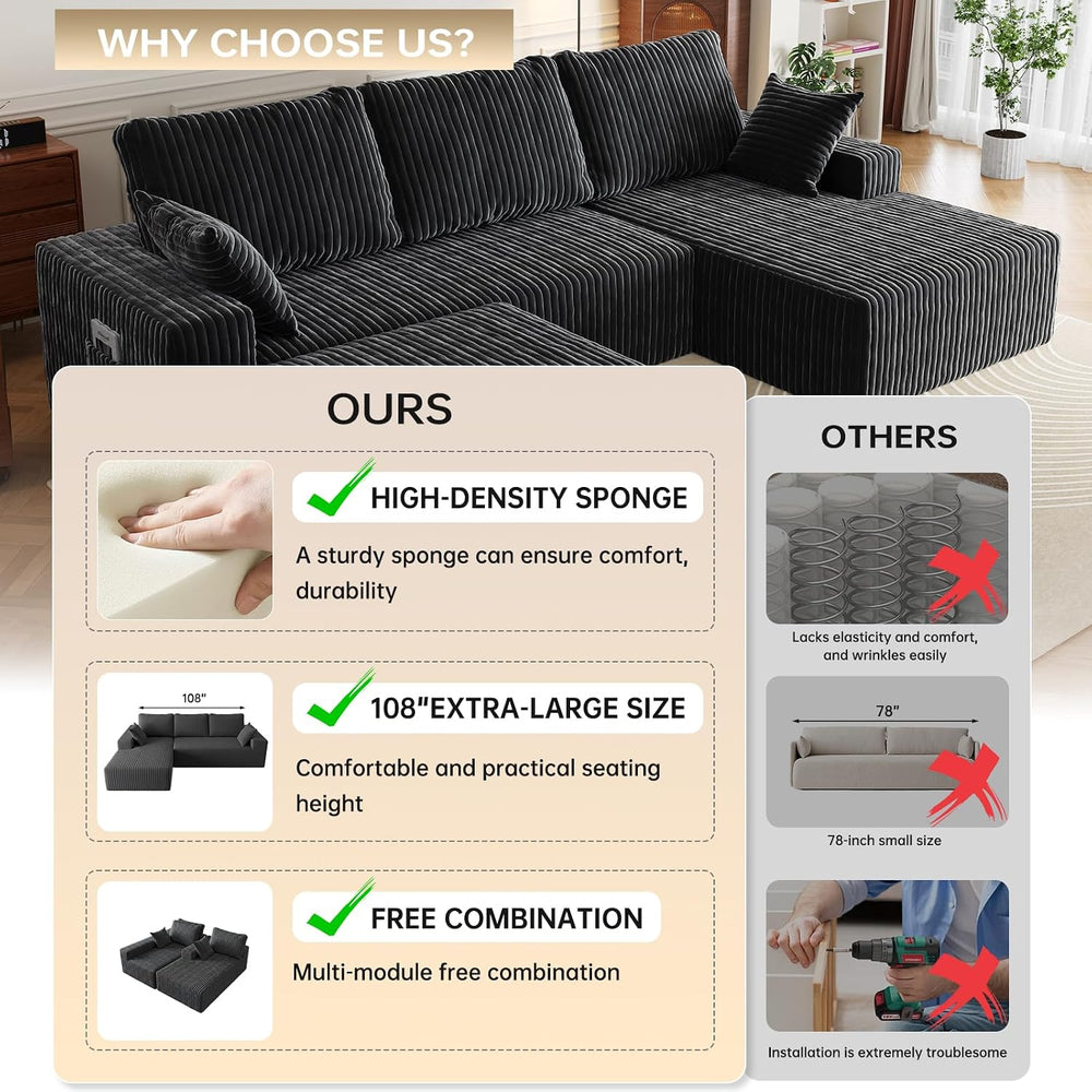108" U-Shape Modular Sectional Cloud Couch with Ottoman, Deep Seat Couch...