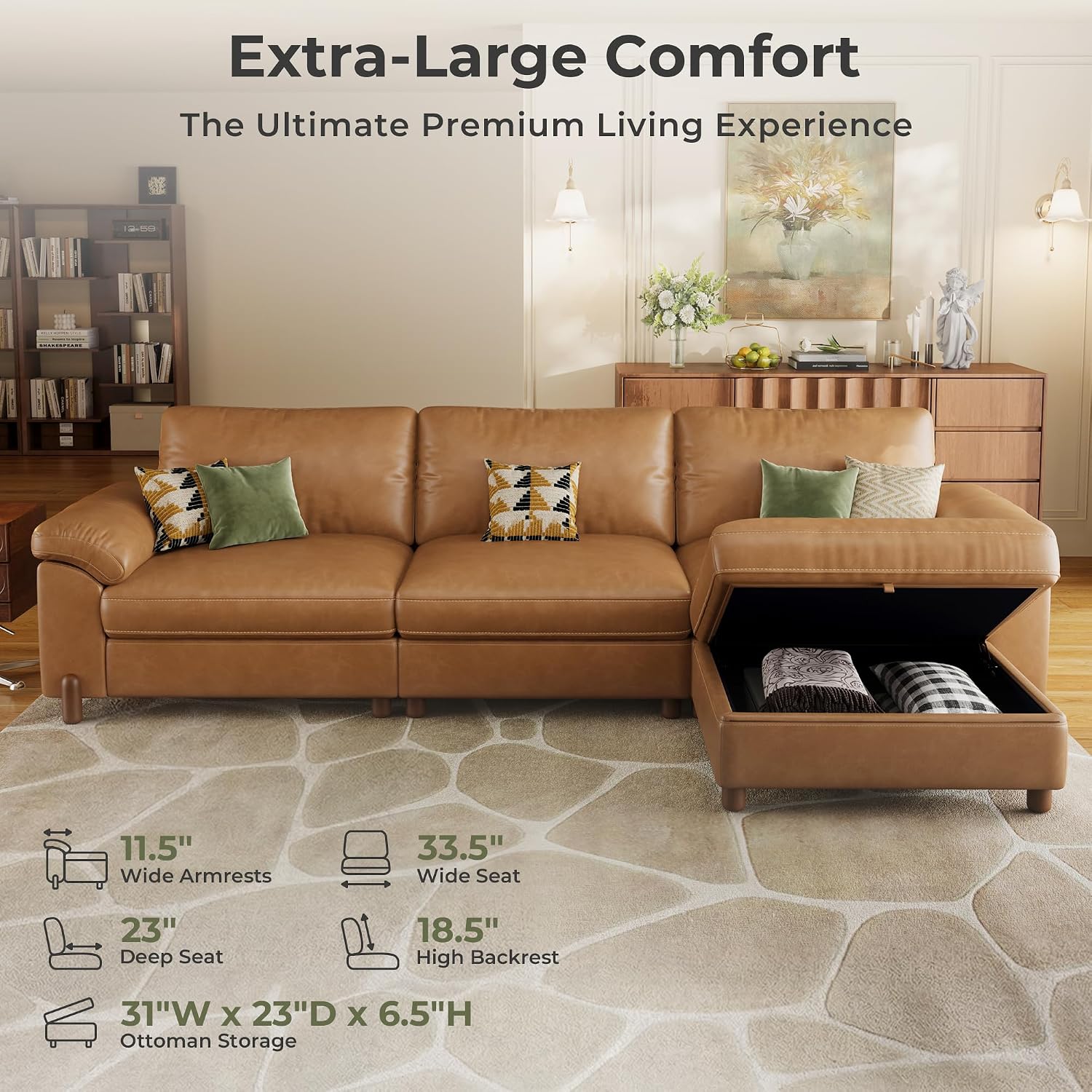 Cloud Couch Sectional, 3 Seater L-Shaped Sofa, Faux Leather in Brown | Pet-Friendly Scratch-Resistant Leather Sectional Sofas for Living Room, Deep Seat Wide Couch with Chaise, Storage Ottoman
