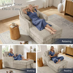 58" Oversized Chaise Lounge Chair with Storage, Chenille Camel | Adjustable Backrest, 2 Back Pillows, Comfy Reading Chair Indoor, Upholstered Sleeper Chair for Living Room, Bedroom, Office