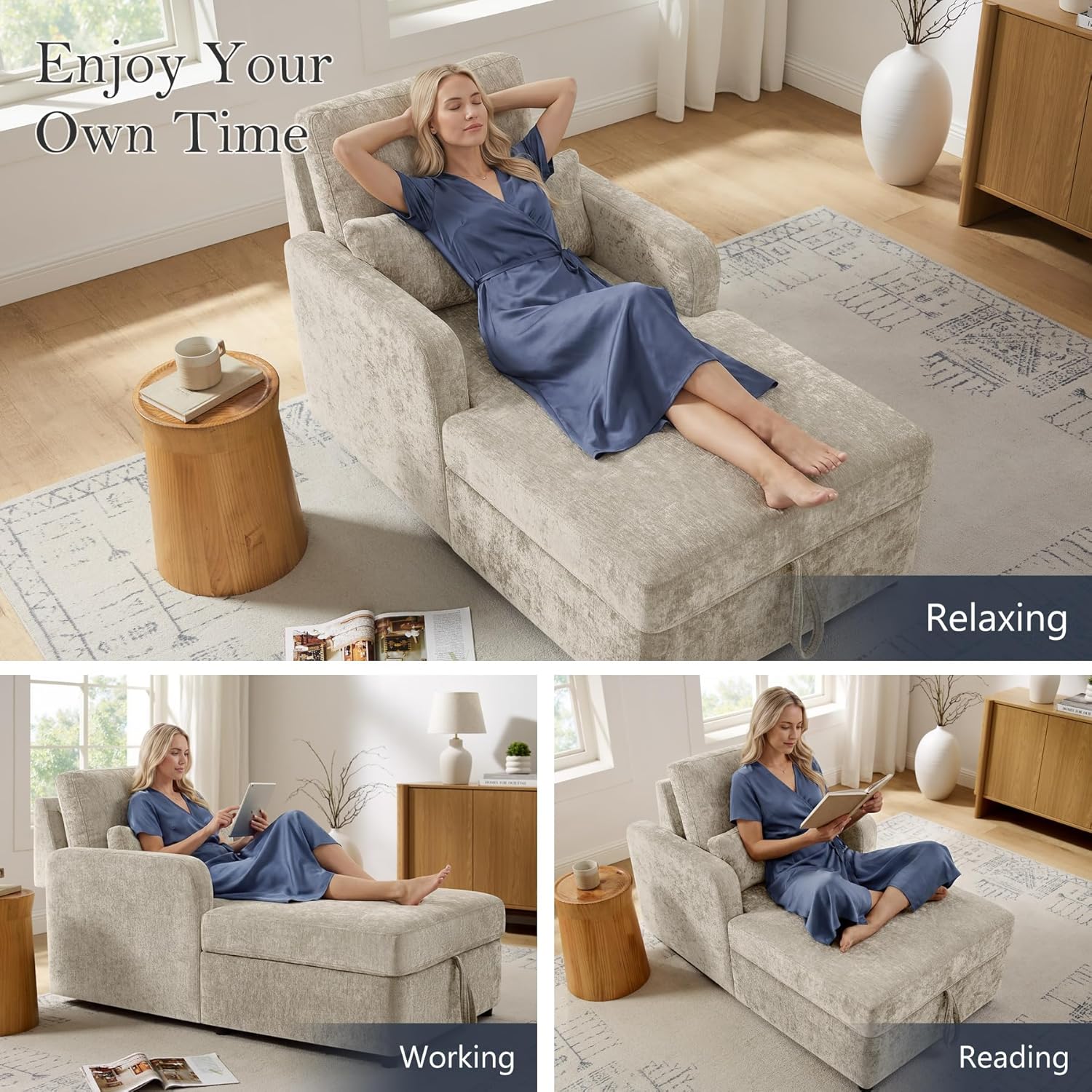 58" Oversized Chaise Lounge Chair with Storage, Chenille Camel | Adjustable Backrest, 2 Back Pillows, Comfy Reading Chair Indoor, Upholstered Sleeper Chair for Living Room, Bedroom, Office
