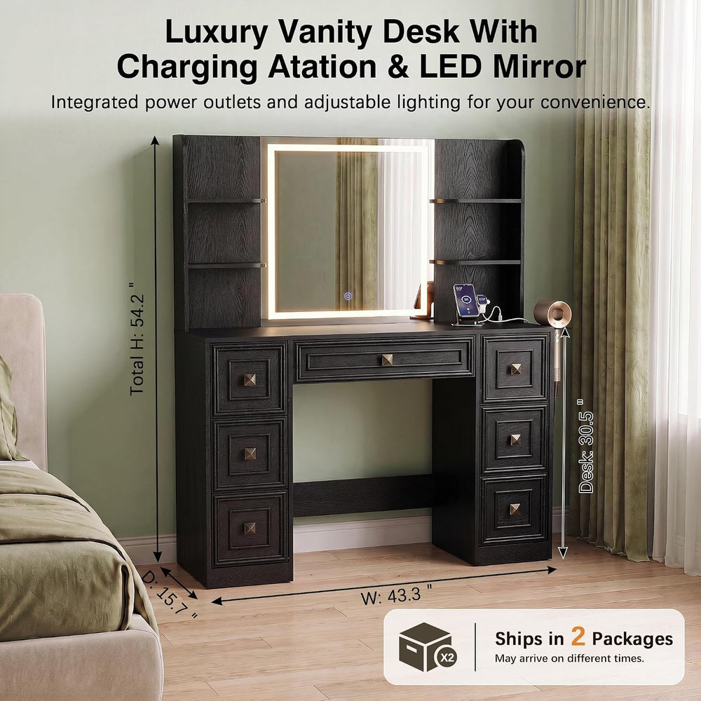 YESHOMY Makeup Vanity Desk,LED Mirror,Charge Hub,Hair Tool Organizer | UL Fas...