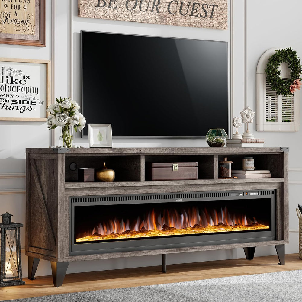 AMERLIFE 65" Fireplace TV Stand with 60" Glass Electric Fireplace, ...