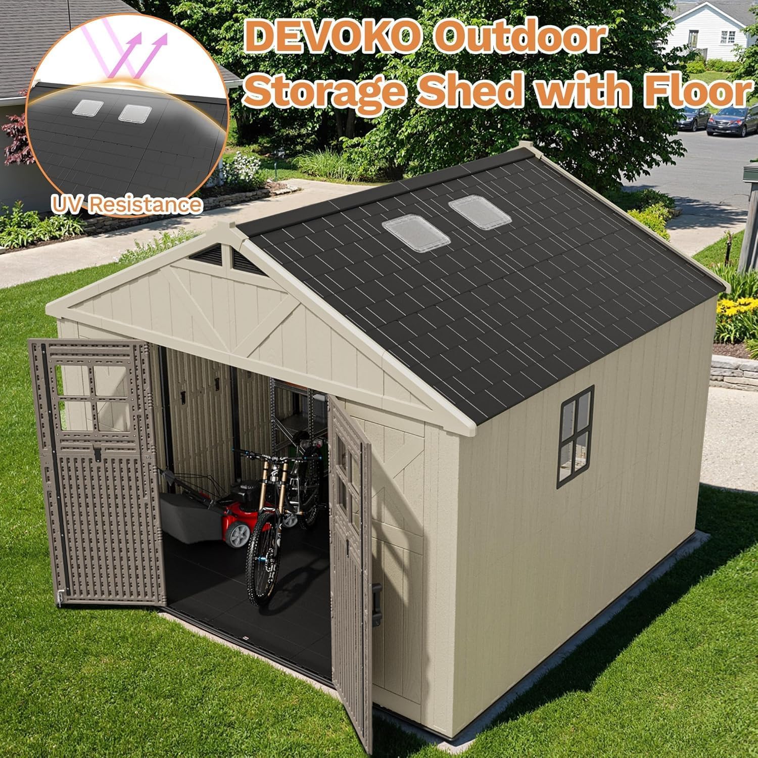 Devoko 10x8 FT Resin Outdoor Storage Shed with Floor, Plastic Tool Garden Shed with Windows & Lockable Door, Outside Large Storage Shed for Patio Backyard Lawn, Beige