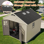 Devoko 10x16 FT Resin Outdoor Storage Shed with Floor, Plastic Tool Garden Shed with Windows & Lockable Door, Outside Large Storage Shed for Patio Backyard Lawn, Beige