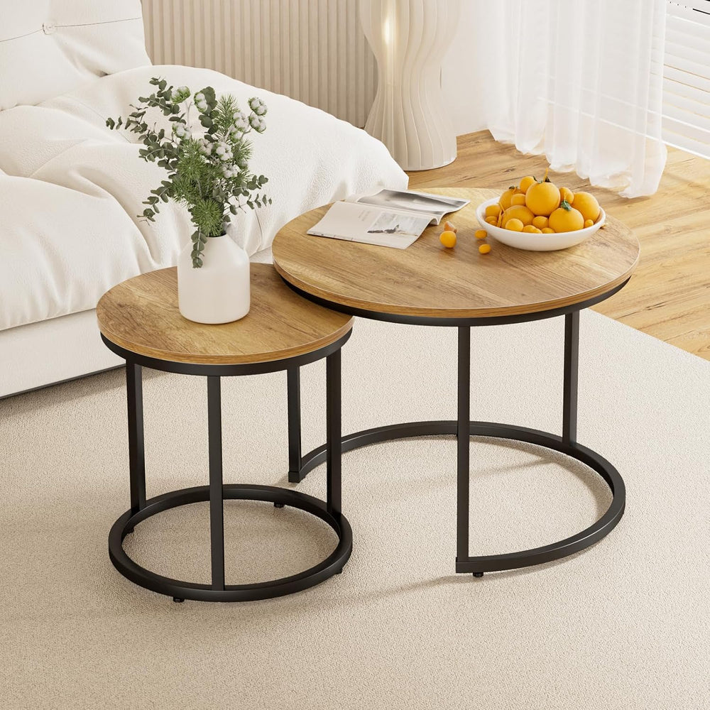 Smuxee Nesting Coffee Table Set of 2, 23.6" Round Coffee Table Brown Woo...