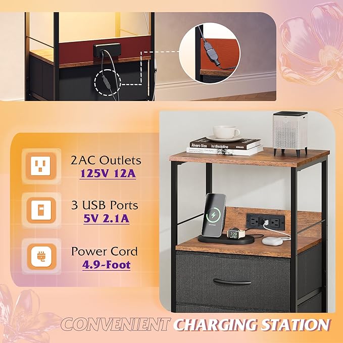 WLIVE Nightstand with Charging Station, LED Night Stand with 2 Fabric Drawers...