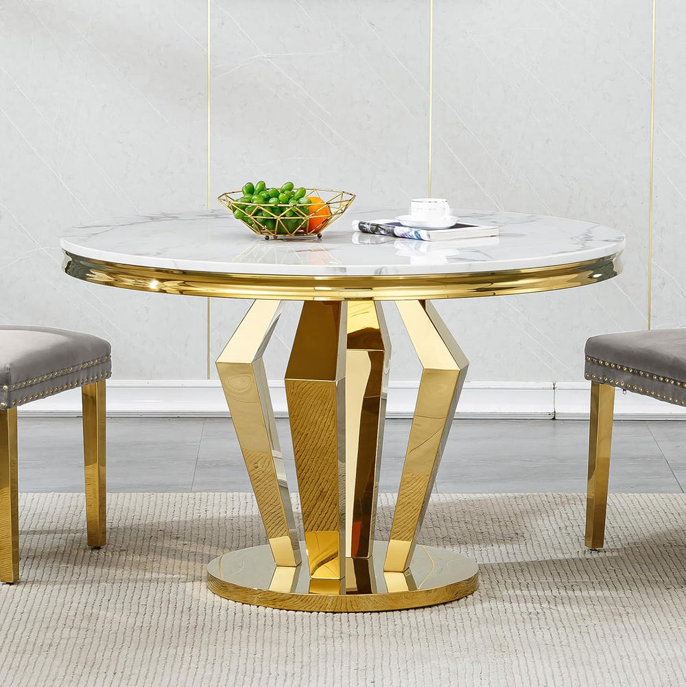 Henf Luxury Round Dining Table for 4-6 White Gold 45" Faux Marble Kitche...