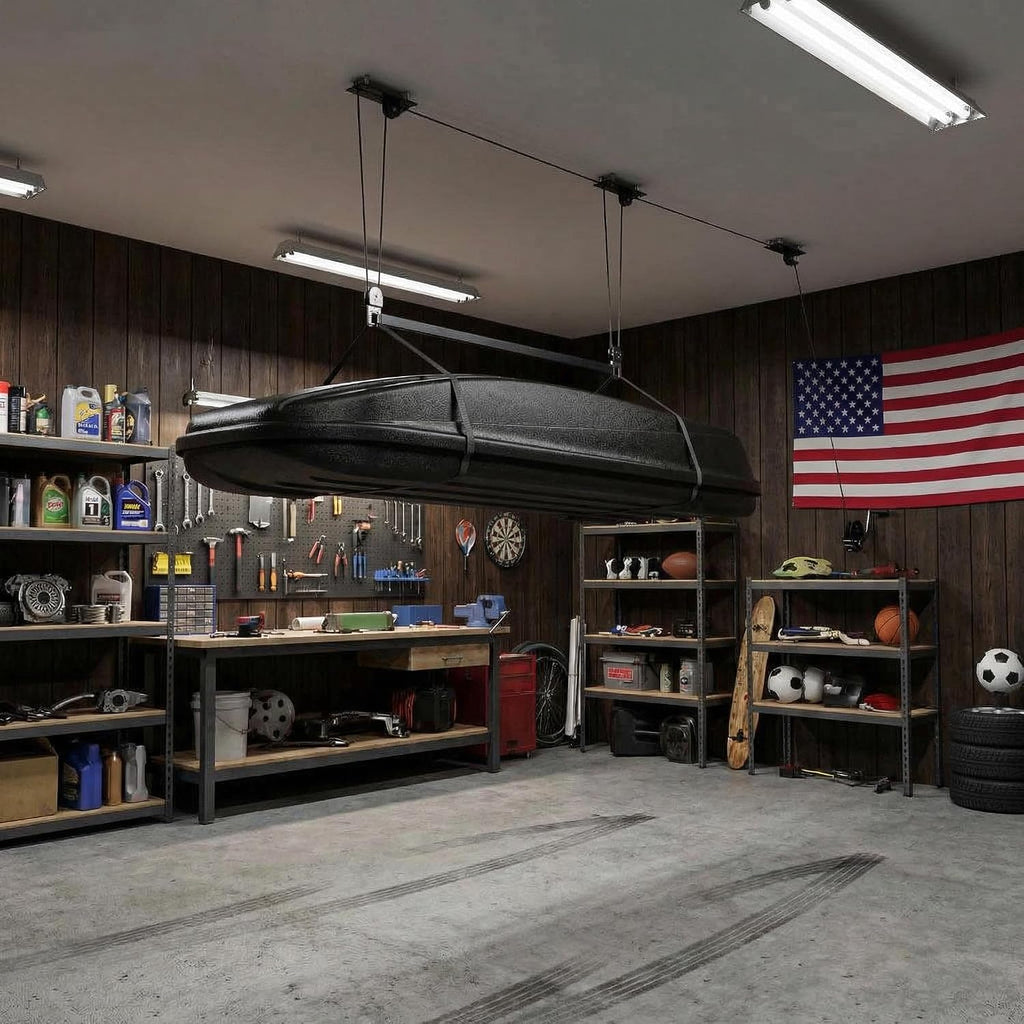 PrecisionAuto Cargo Box Garage Pulley System, Professional Heavy-Duty Ceiling Hoist for Rooftop Cargo Boxes & Large Storage Bins, 200 Lb Rated Capacity, Fits 10–14 ft Garage Ceilings