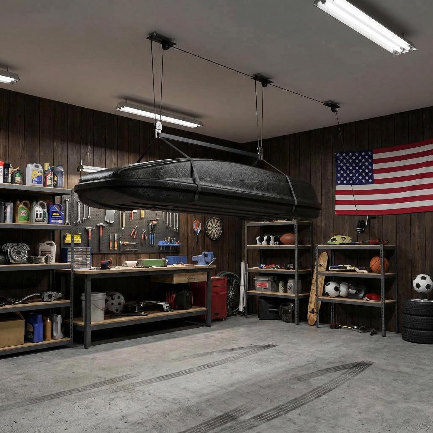 PrecisionAuto Cargo Box Garage Pulley System, Professional Heavy-Duty Ceiling Hoist for Rooftop Cargo Boxes & Large Storage Bins, 200 Lb Rated Capacity, Fits 10–14 ft Garage Ceilings