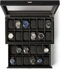 TAWBURY Watch Box for Men - Extra Large 24 Slot Watch Case with Real Glass Display, Removable Drawer and 2-inch Wide Pillows for Large Watches (Black/Charcoal)