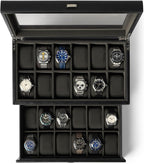TAWBURY Watch Box for Men - Extra Large 24 Slot Watch Case with Real Glass Display, Removable Drawer and 2-inch Wide Pillows for Large Watches (Black/Charcoal)