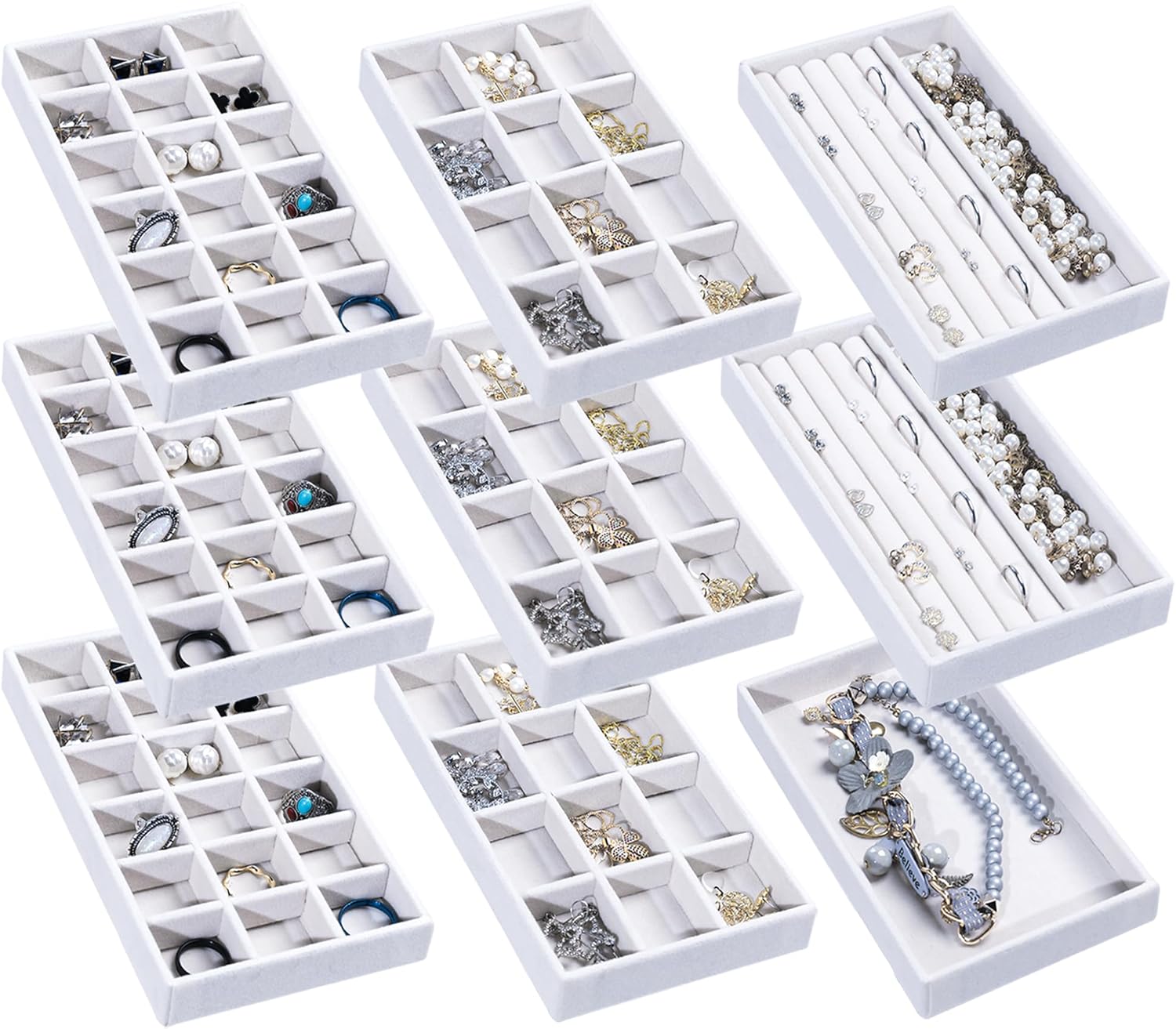 Frebeauty Jewelry Organizer Tray,Stackable Velvet Jewelry Trays,Drawer Inserts Earring Organizer For Women Jewelry Storage Display Case for Rings Stud Necklaces,8.3 x 4.9 x 1 Inches (White)