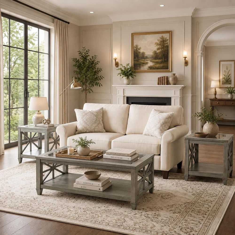 3 Piece Farmhouse Coffee Table & End Tables Set, Antique Grey | Solid Woo...