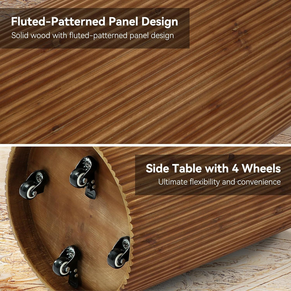 Solid Wood Round Side Table with Storage, No-Assembly Fluted End Table with 4...