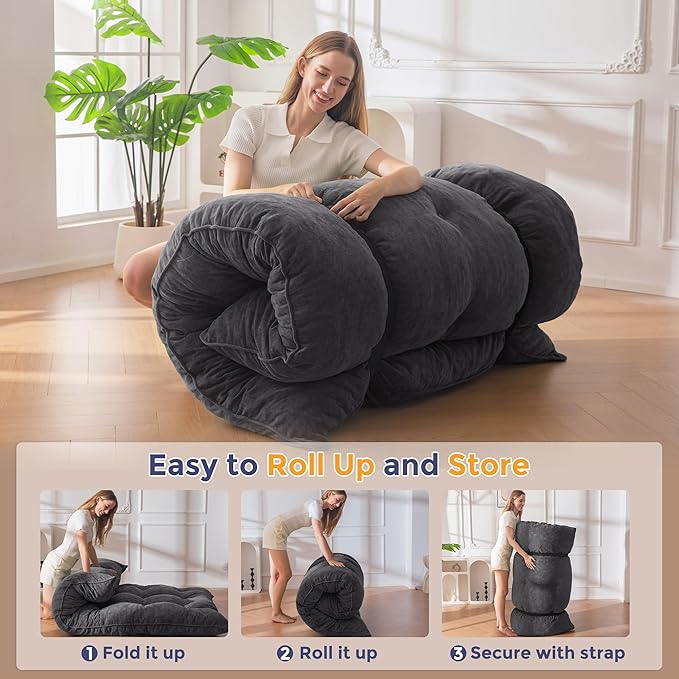 MAXYOYO Japanese Floor Mattress Full Size, 6" Foldable Futon Mattress Tufted Roll Up Floor Bed, Thick Chenille Tatami Mat Sleeping Pad for Camping Guest Room Dormitory Bedroom RV, Dark Grey