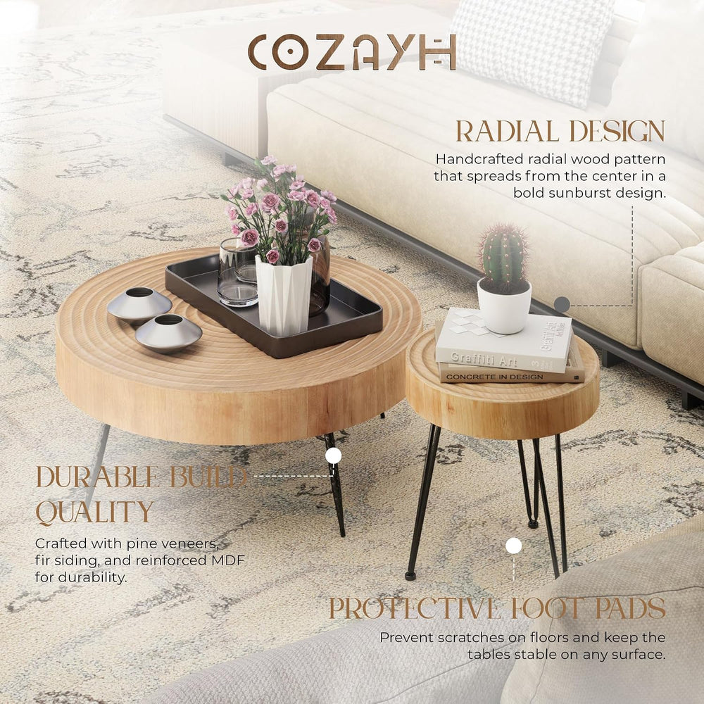 COZAYH 2-Piece Round Nesting Coffee Table Set, Natural Wood Top with Black Me...