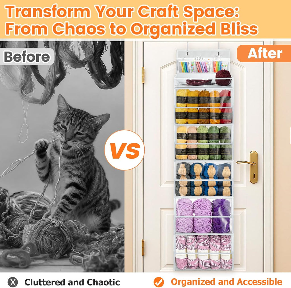 Yarn Storage Organizer, Yarn Holder Over the Door Hanging Crochet Kit Storage with 5 Zippered Compartments, Large Capacity Sewing Organizer Gifts for Knitters Needles Storage Crochet Hooks