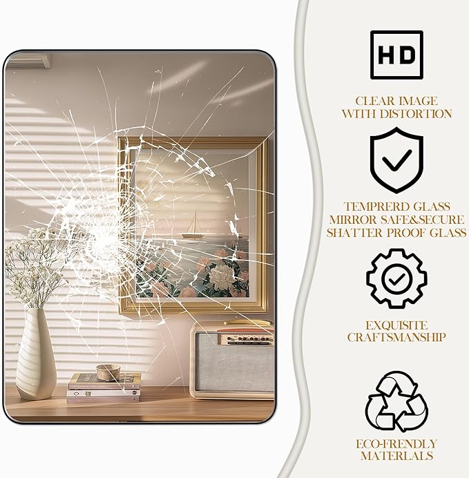 30×30 Black Bathroom Mirror, Rectangular Bathroom Vanity Mirror for Wall with Rounded Corners & Aluminum Alloy Frame, Tempered-Glass, Modern, Farmhouse, Horizontal/Vertical, Entryway, Bedroom