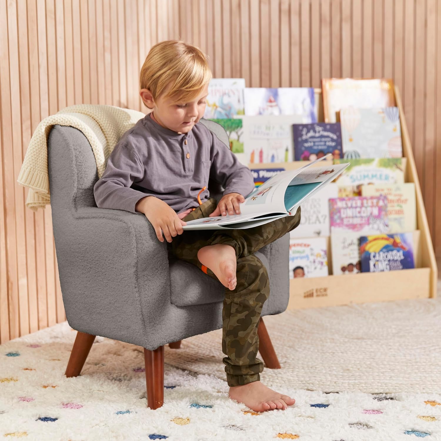 ECR4Kids Mila Sherpa Toddler Arm Chair with Removable Wooden Legs, Kids Furniture, Grey
