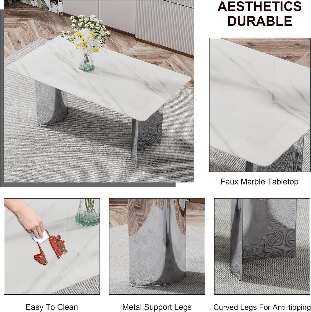 Marble Dining Table Set for 6,63" Kitchen Table Set of 6,Rectangle Dinin...