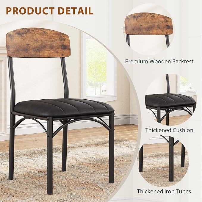 Dining Chairs Set of 4 - Upholstered Dining Room Chairs with PU Leather, Industrial Kitchen Chairs with Wooden Backrest and Thickened Metal Legs, for Dining Room, Living Room (Vintage)