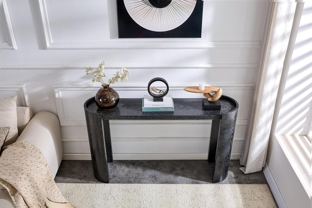 Black Curved Foyer Table Black Wood Grain Entrance Small Space Living Room So...