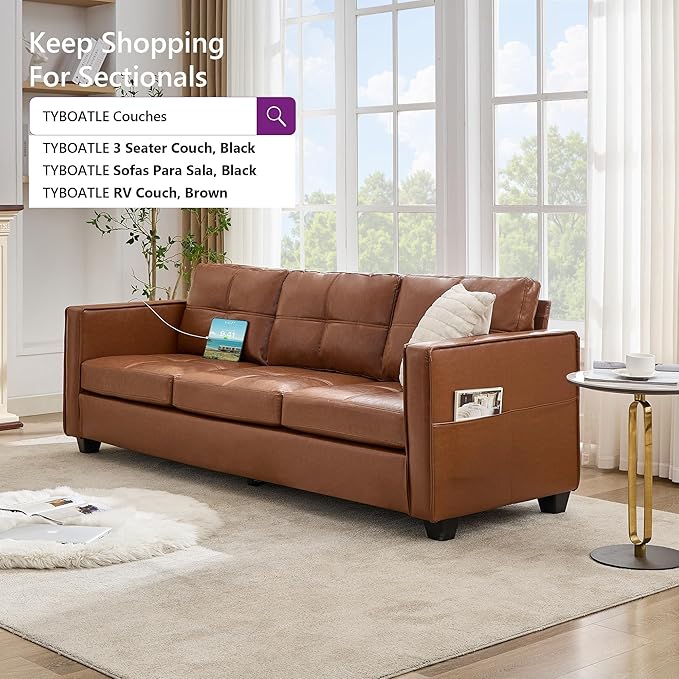 TYBOATLE 88" W Faux Leather Couches for Living Room w/Side Pockets, Mid-Century Modern Tufted Comfy Leather Couch w/USB and Wider Arms, 3 Seater Sofa for Office, Apartment, Bedroom