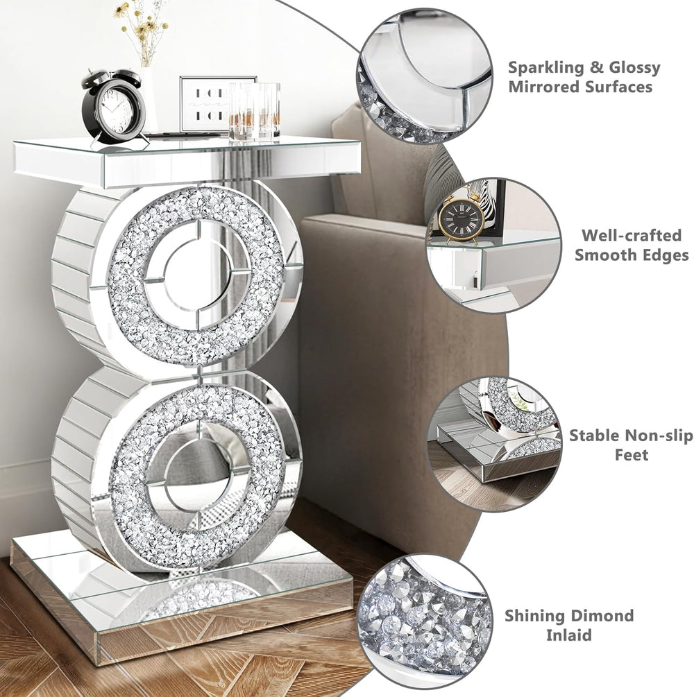 Pregaspor Crushed Diamond Mirrored End Table, Unique Side Table with Crystal ...
