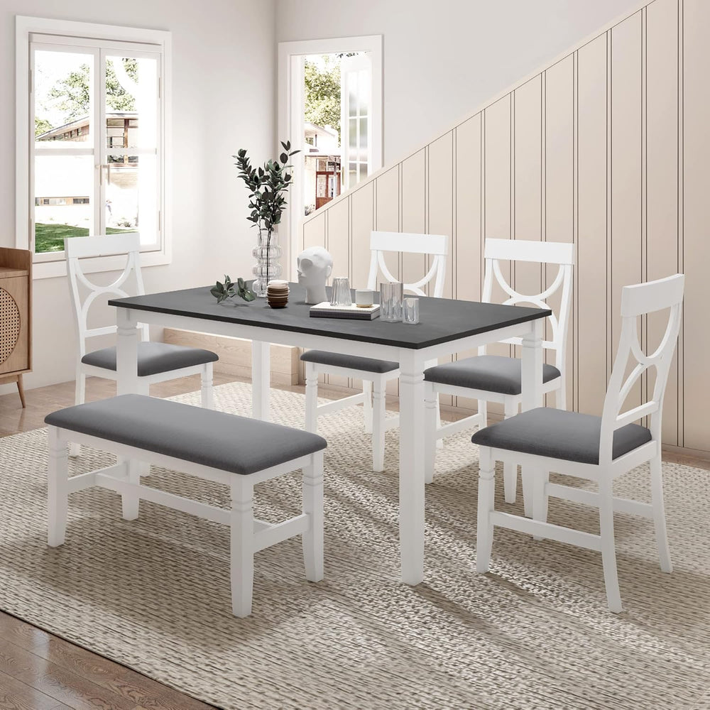 LUMISOL 6 Piece Farmhouse Dining Table Set with Bench for 6, White+Gray